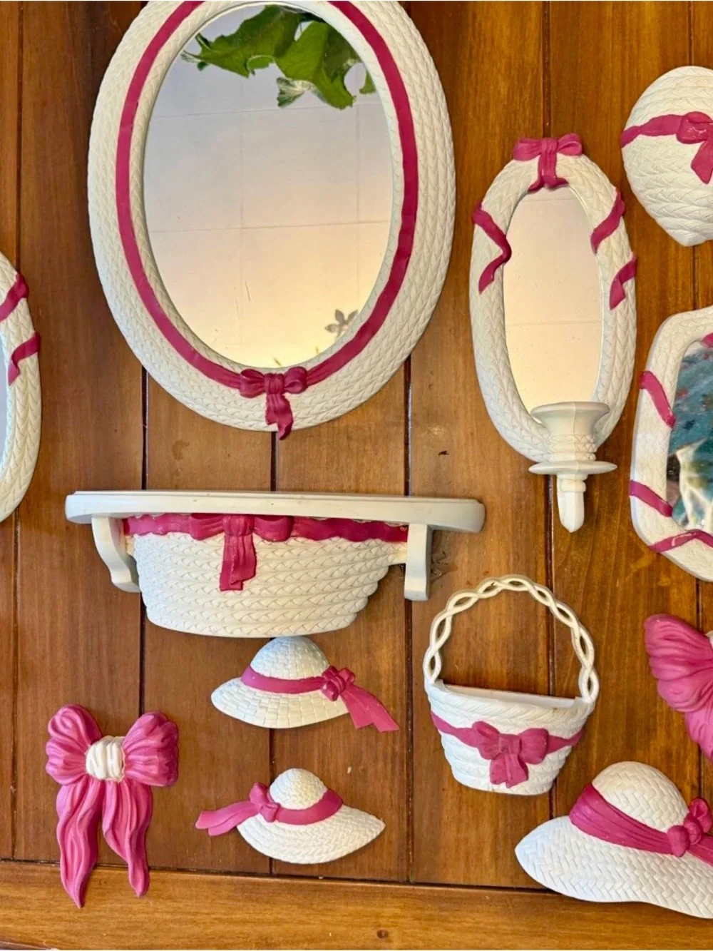 Vintage White and Pink Wall Decor Shelf & Hat Mirror Set, Bows etc